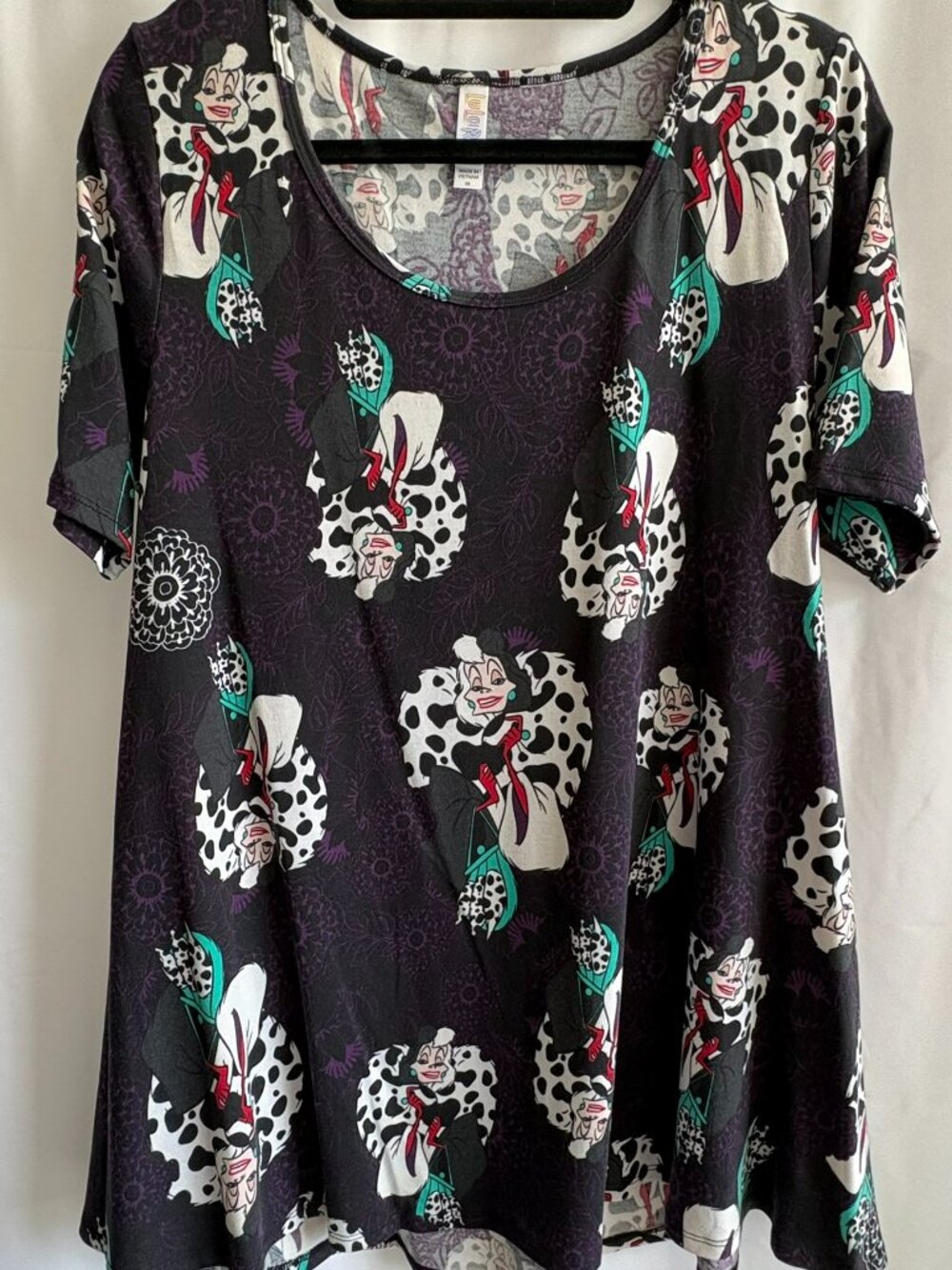 LuLaRoe Perfect T M Cruella Black Purple Floral Overlay Disney NWOT